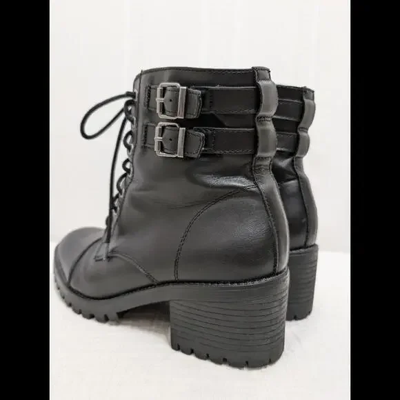 Steve Madden Vegan Leather Boot 10 Black Chunky Heel Combat Y2K Grunge Goth Punk - Picture 3 of 9